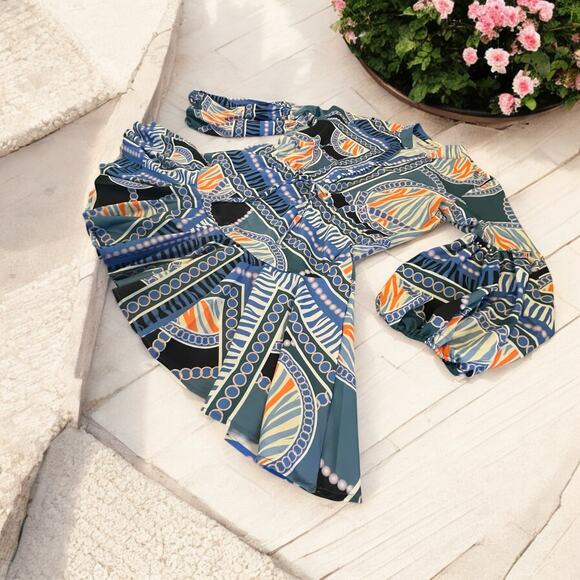 Boutique Printed Balloon Sleeve Coastal Dress Tie Waist Mini Flare Size Small - Picture 5 of 13